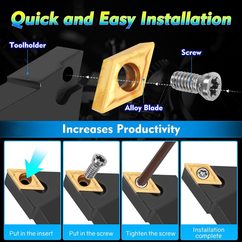 Joogto Indexable Lathe Turning Tool 1/2" 12mm Shank 14PCS Kit-4PCS Metal Lathe Tools Holder 10PCS DCMT21.51 Carbide Insert for Grooving Turning Boring SDNCN12120H07/SDJCR1212H07/S12M-SDUCR07/SDJCL1212H07 - Image 5